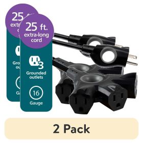 (2 pack) EZGrip 25FT 3-Outlet Extension Cord, Black, Indoor/Outdoor